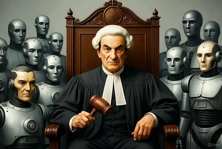 Judge wearing an 19th century judge's wig surrounded by robots.