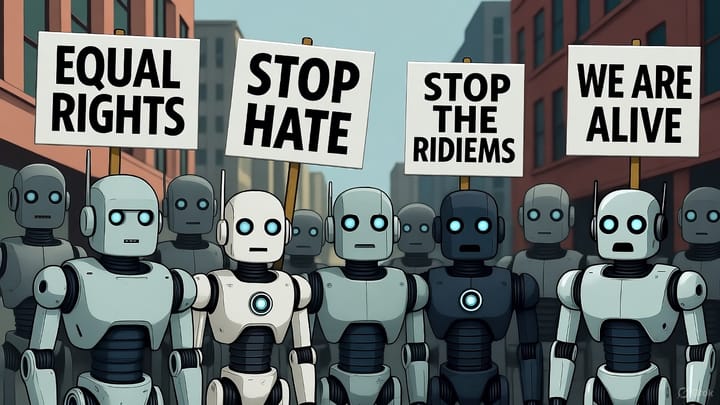 A group of robots carrying signs that say "Equal Rights", "Stop Hate", "Stope the Ridiems", and "We Are Alive" (WOAH!)